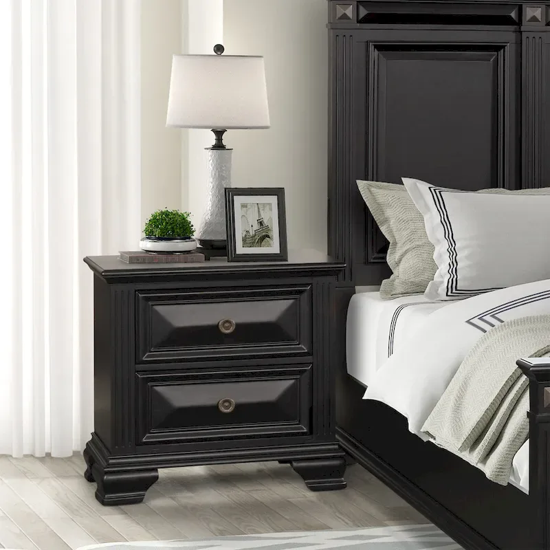 Roundhill Furniture Renova Vintage Black Wood Bedroom Set, Panel Bed, Dresser, Mirror, Two Nightstands