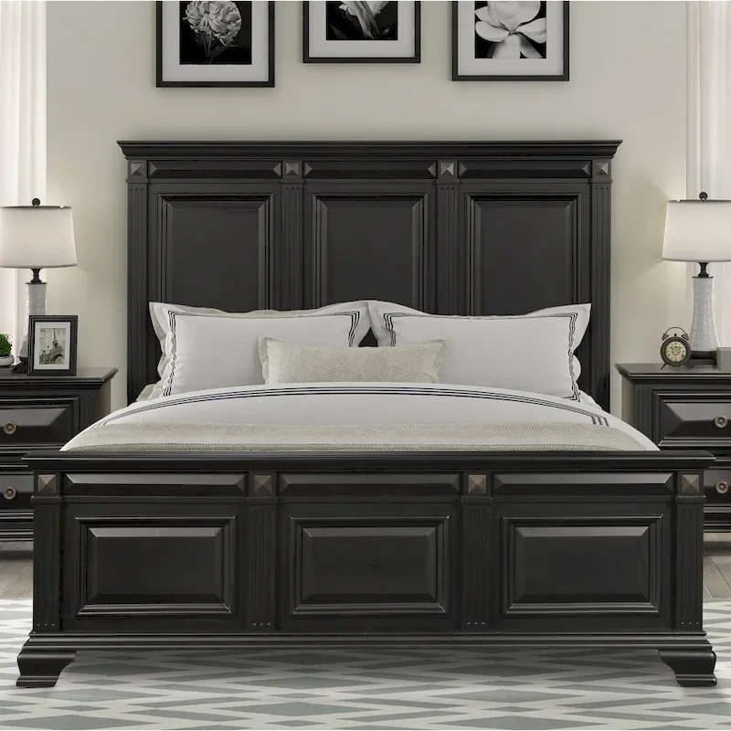 Roundhill Furniture Renova Vintage Black Wood Bedroom Set, Panel Bed, Dresser, Mirror, Two Nightstands