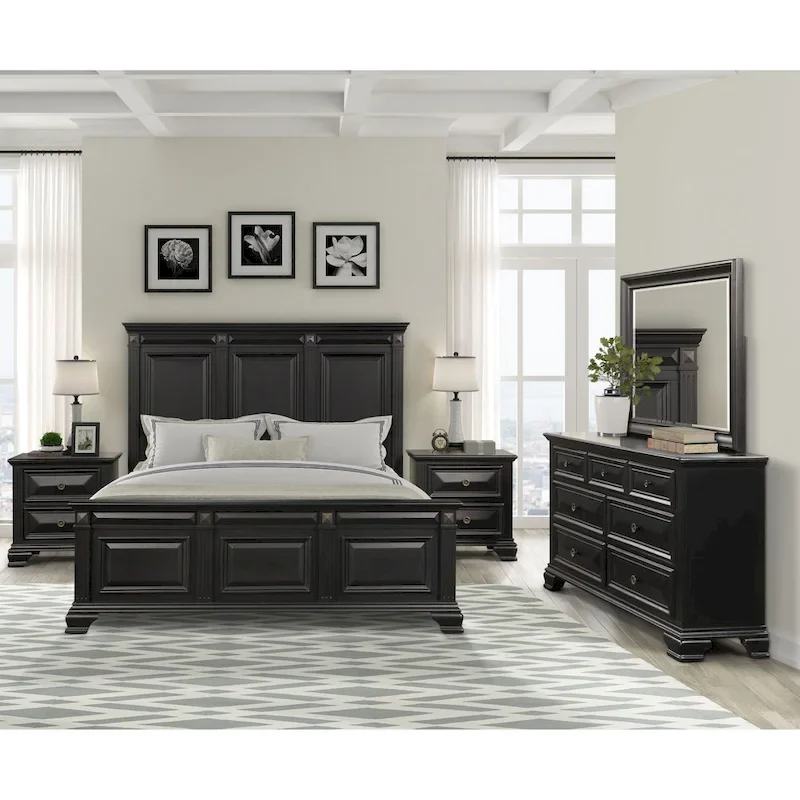 Roundhill Furniture Renova Vintage Black Wood Bedroom Set, Panel Bed, Dresser, Mirror, Two Nightstands