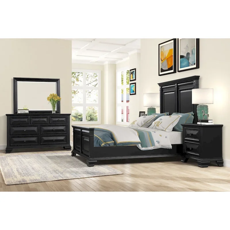 Roundhill Furniture Renova Vintage Black Wood Bedroom Set, Panel Bed, Dresser, Mirror, Two Nightstands