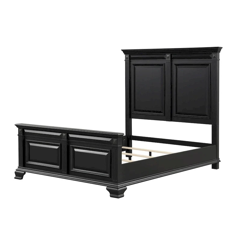 Roundhill Furniture Renova Vintage Black Wood Bedroom Set, Panel Bed, Dresser, Mirror, Two Nightstands