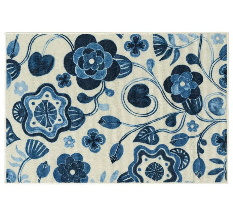 KANTLINJE Rug, low pile, beige blue/floral pattern, 60x90 cm