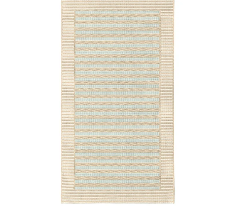 SKEVNING, Rug, woven flat, brown blue/stripes indoor/outdoor, 80x200 cm