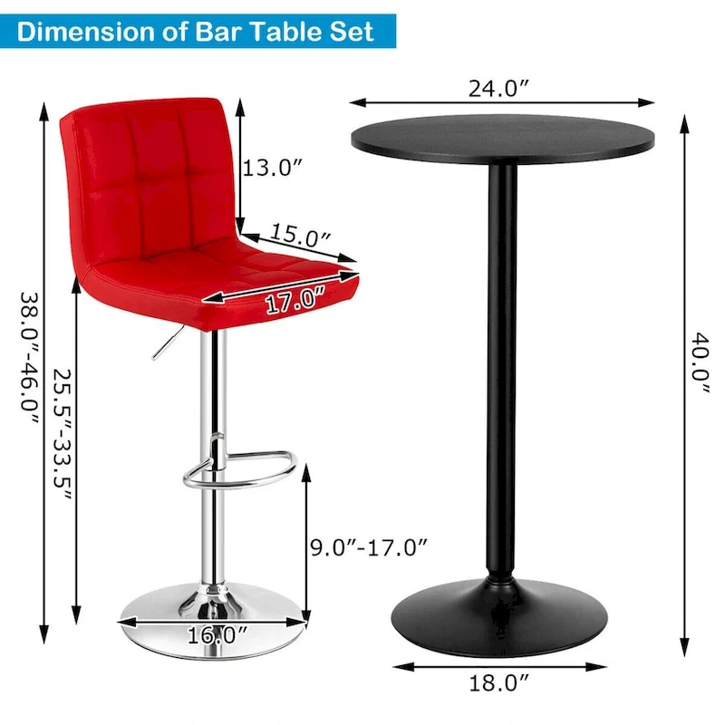 Gymax 3PCS Pub Table Set 24 Round Bar Table & 2 Adjustable Bar