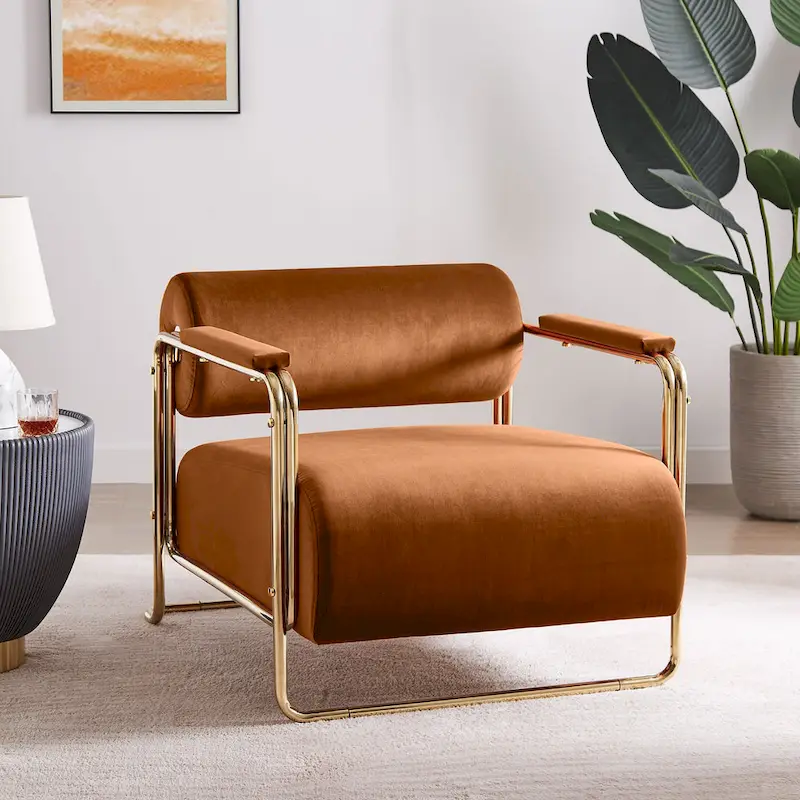 VANOMi 31 Wide Futuristic Velvet Armchair With Glossy Gold Frame Cylindrical Backrest