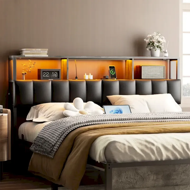 Upholstered Headboard with Hidden Drawer, Head Board with Power Outlet and LED Light