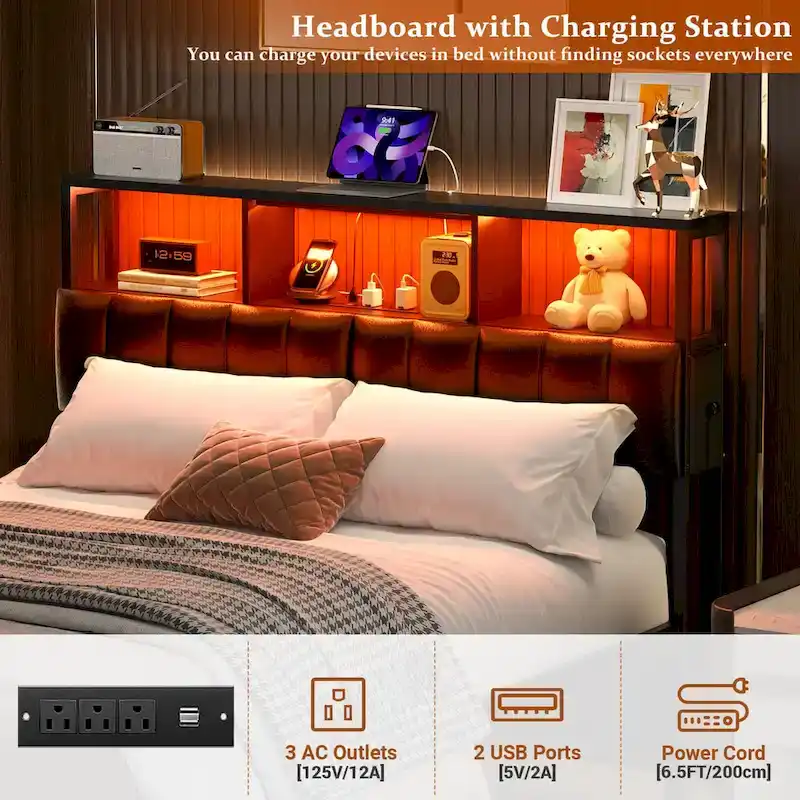 Upholstered Headboard with Hidden Drawer, Head Board with Power Outlet and LED Light