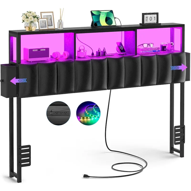 Upholstered Headboard with Hidden Drawer, Head Board with Power Outlet and LED Light
