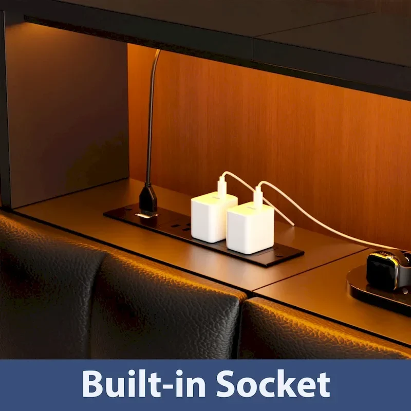 Upholstered Headboard with Hidden Drawer, Head Board with Power Outlet and LED Light