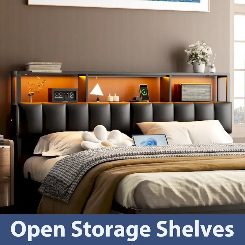 Upholstered Headboard with Hidden Drawer, Head Board with Power Outlet and LED Light