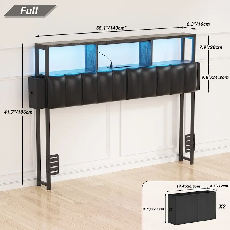 Upholstered Headboard with Hidden Drawer, Head Board with Power Outlet and LED Light