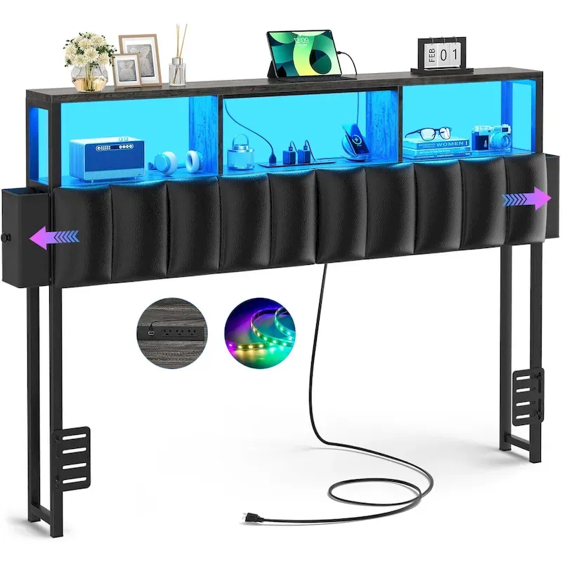 Upholstered Headboard with Hidden Drawer, Head Board with Power Outlet and LED Light