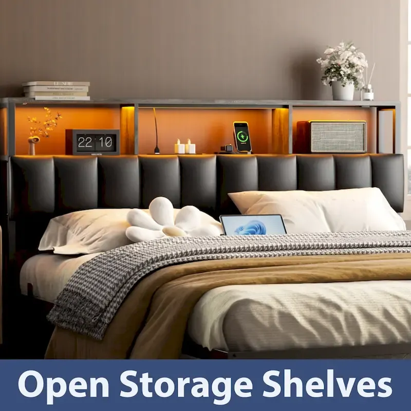 Upholstered Headboard with Hidden Drawer, Head Board with Power Outlet and LED Light