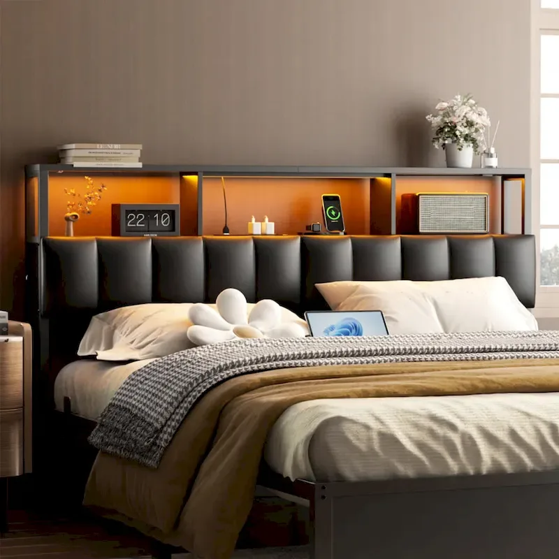 Upholstered Headboard with Hidden Drawer, Head Board with Power Outlet and LED Light