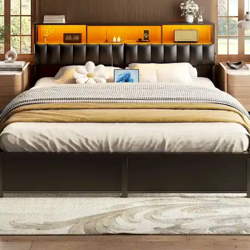 Upholstered Headboard with Hidden Drawer, Head Board with Power Outlet and LED Light