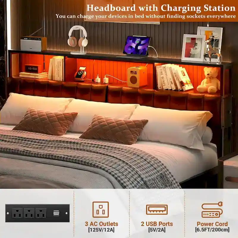 Upholstered Headboard with Hidden Drawer, Head Board with Power Outlet and LED Light