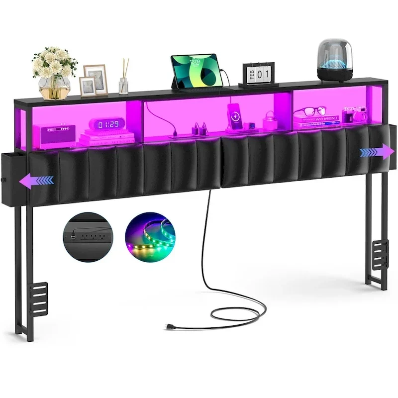 Upholstered Headboard with Hidden Drawer, Head Board with Power Outlet and LED Light