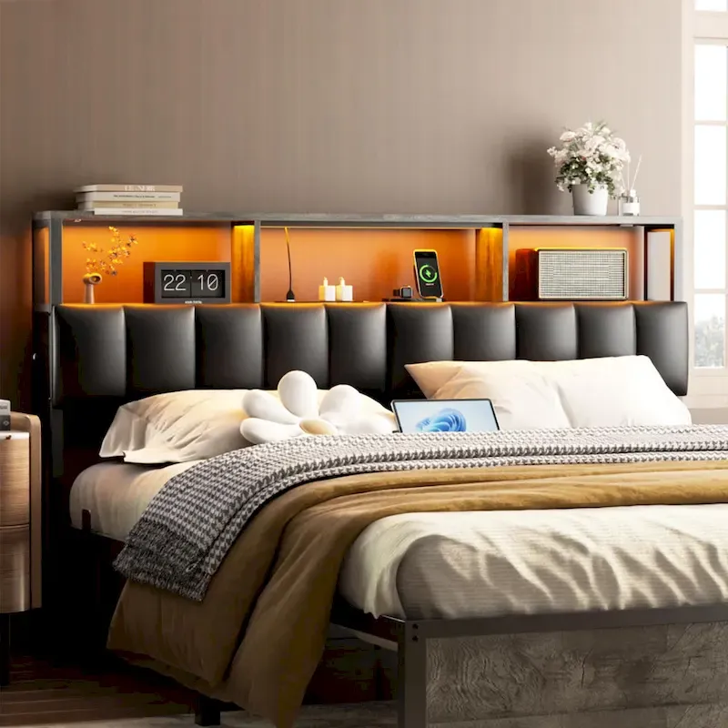 Upholstered Headboard with Hidden Drawer, Head Board with Power Outlet and LED Light
