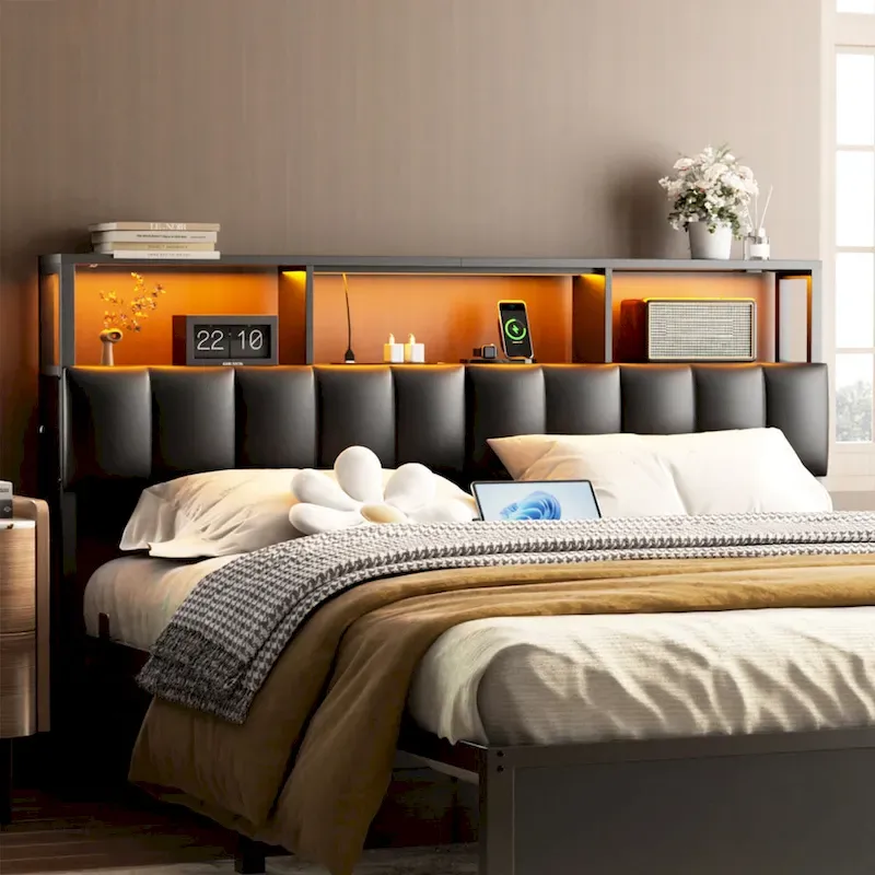 Upholstered Headboard with Hidden Drawer, Head Board with Power Outlet and LED Light