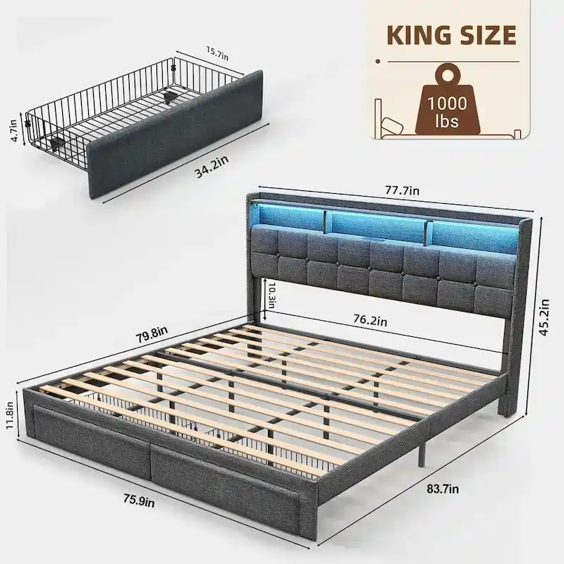 King Platform Bed with Charging Headboard, RGB Lights & 20W USB Ports