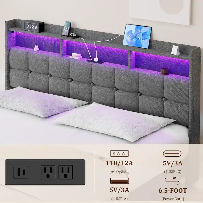 King Platform Bed with Charging Headboard, RGB Lights & 20W USB Ports