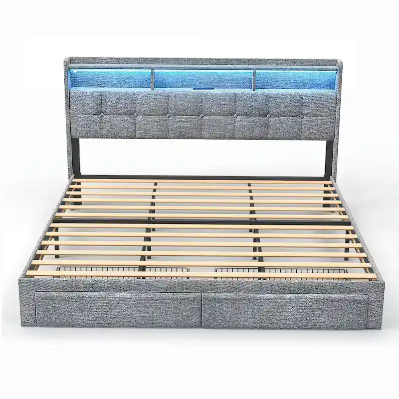 King Platform Bed with Charging Headboard, RGB Lights & 20W USB Ports