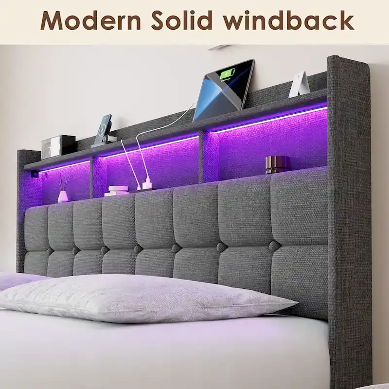 King Platform Bed with Charging Headboard, RGB Lights & 20W USB Ports