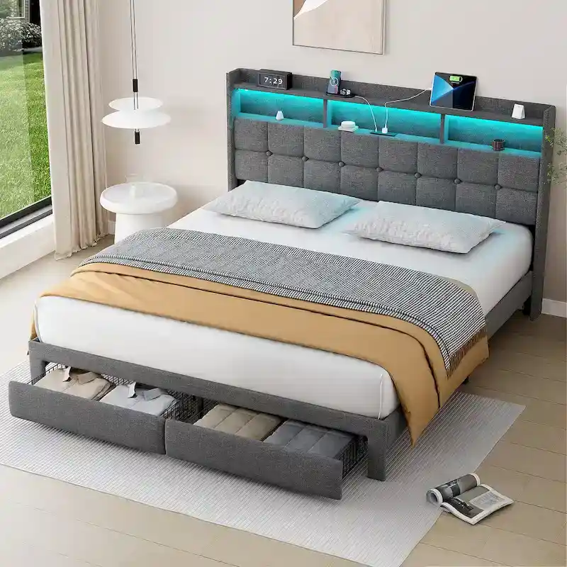 King Platform Bed with Charging Headboard, RGB Lights & 20W USB Ports