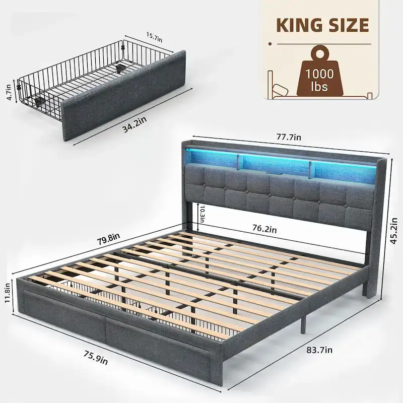 King Platform Bed with Charging Headboard, RGB Lights & 20W USB Ports