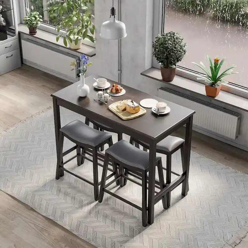 Costway 5PCS Bar Table Set Counter Height Table & Upholstered Saddle