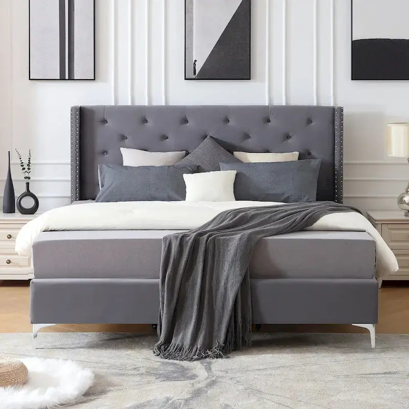 Morden Fort Queen Size Velvet Upholstered Platform Bed Frame with 6 inches Metal Legs