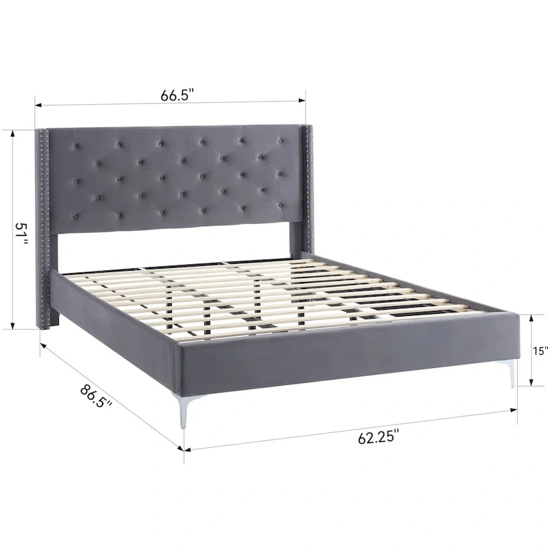 Morden Fort Queen Size Velvet Upholstered Platform Bed Frame with 6 inches Metal Legs