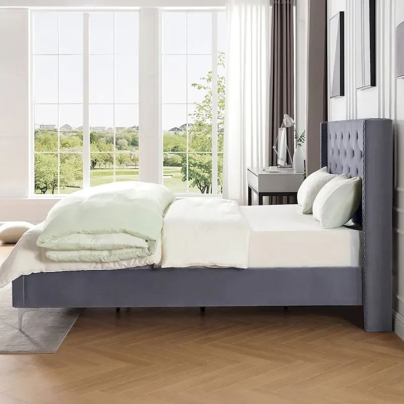 Morden Fort Queen Size Velvet Upholstered Platform Bed Frame with 6 inches Metal Legs