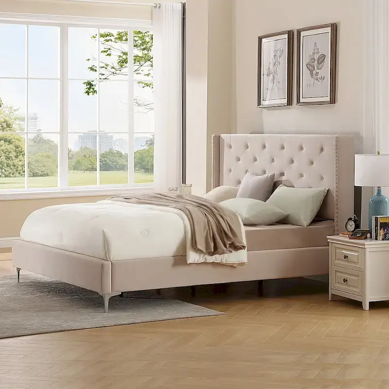Morden Fort Queen Size Velvet Upholstered Platform Bed Frame with 6 inches Metal Legs
