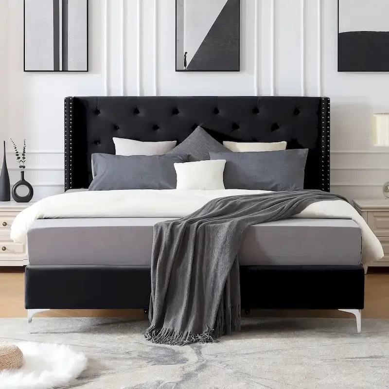 Morden Fort Queen Size Velvet Upholstered Platform Bed Frame with 6 inches Metal Legs