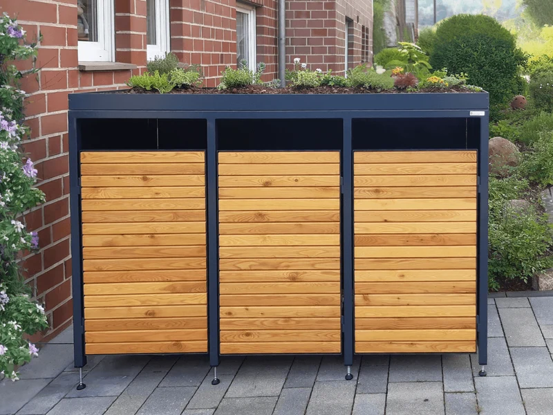 PREMIUM Holz 3er Mülltonnenbox mit Pflanzdach