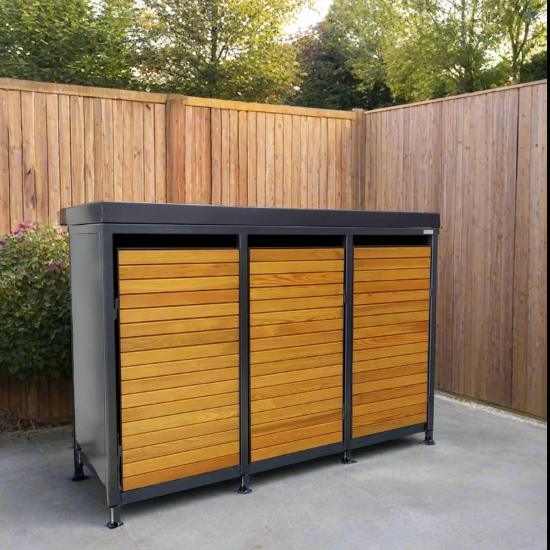 PREMIUM Holz 3er Mülltonnenbox mit Pflanzdach