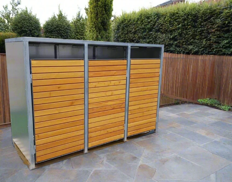 PREMIUM Zink 3er Mülltonnenbox mit Holztüren