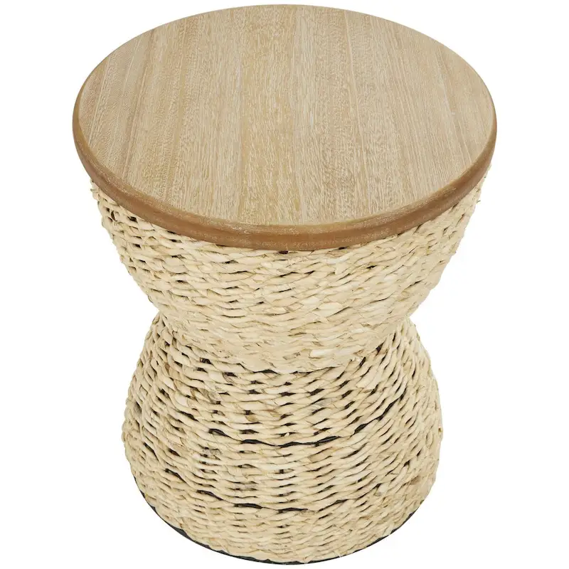Rattan Handmade Woven Side End Accent Table with Wood Tabletop and Black Frame - Light Brown or Brown - Roche River Decor