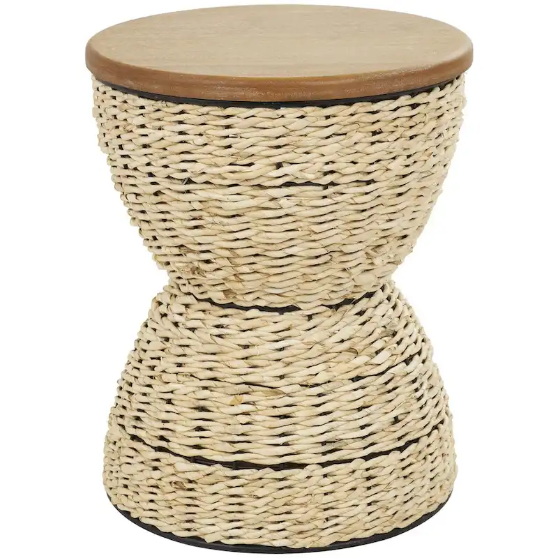 Rattan Handmade Woven Side End Accent Table with Wood Tabletop and Black Frame - Light Brown or Brown - Roche River Decor