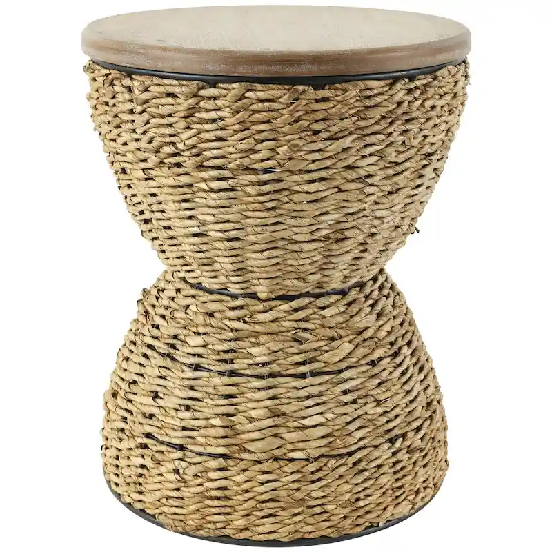 Rattan Handmade Woven Side End Accent Table with Wood Tabletop and Black Frame - Light Brown or Brown - Roche River Decor
