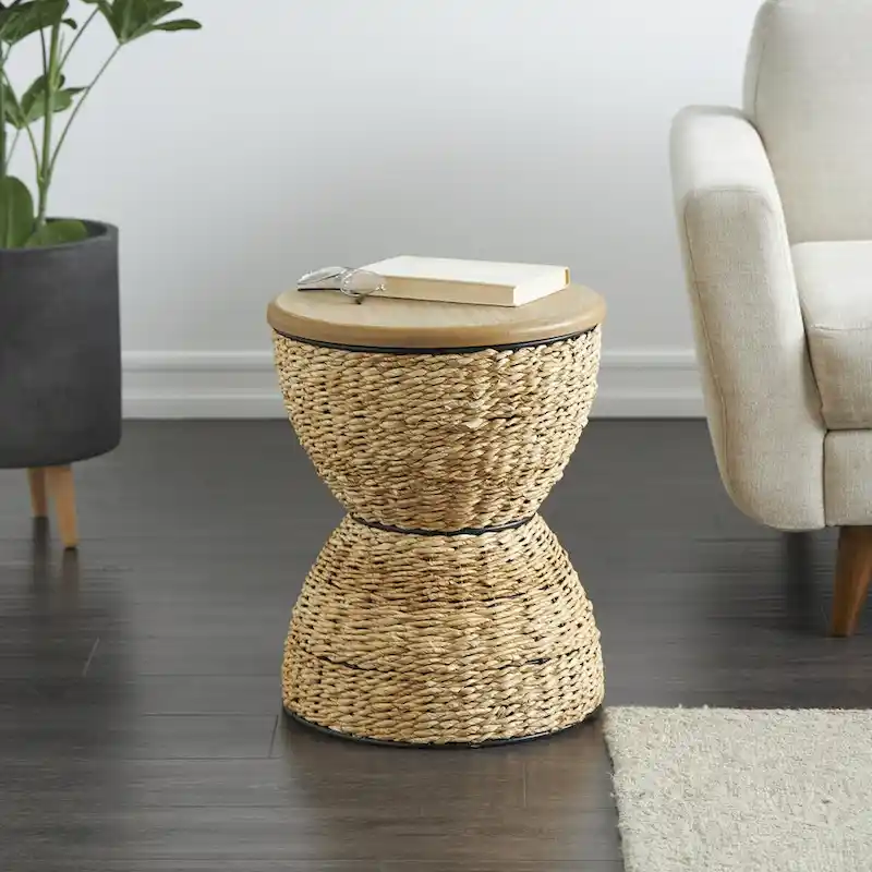 Rattan Handmade Woven Side End Accent Table with Wood Tabletop and Black Frame - Light Brown or Brown - Roche River Decor