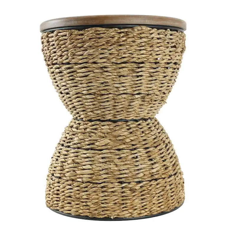 Rattan Handmade Woven Side End Accent Table with Wood Tabletop and Black Frame - Light Brown or Brown - Roche River Decor