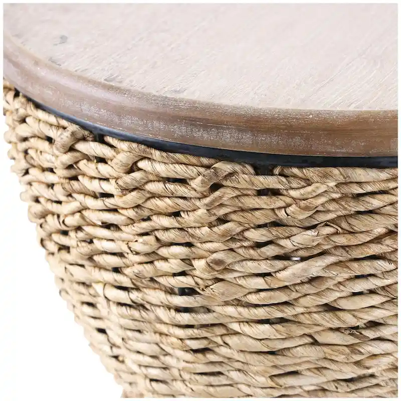 Rattan Handmade Woven Side End Accent Table with Wood Tabletop and Black Frame - Light Brown or Brown - Roche River Decor