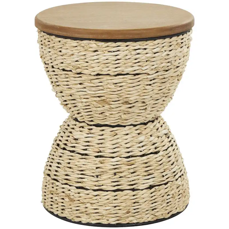 Rattan Handmade Woven Side End Accent Table with Wood Tabletop and Black Frame - Light Brown or Brown - Roche River Decor
