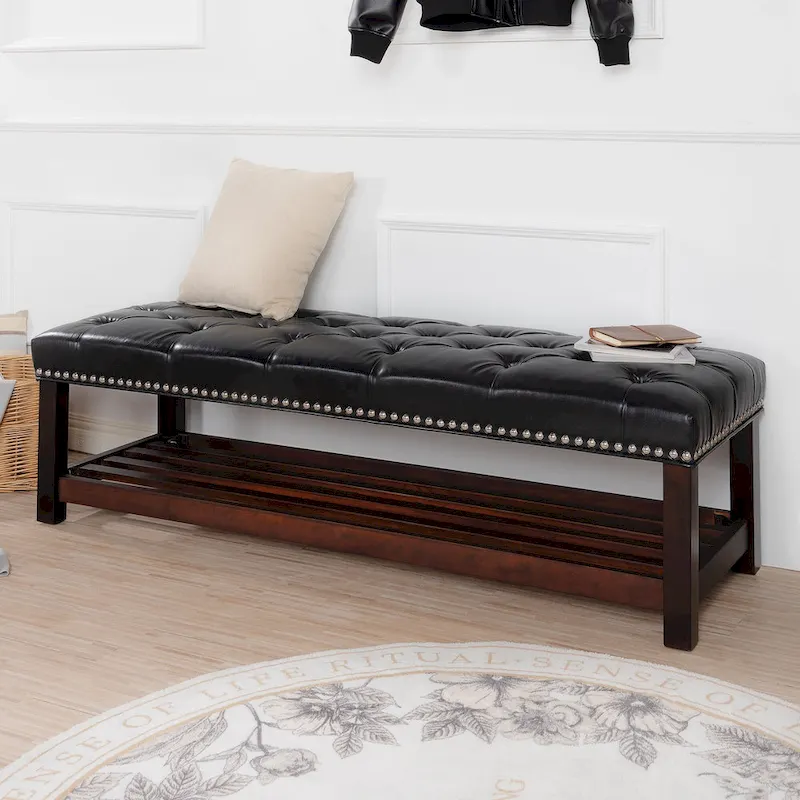 Christopher Knight Home - Florian Tufted Upholstered End of Bed Bench with Nailhead Trim and Shelf