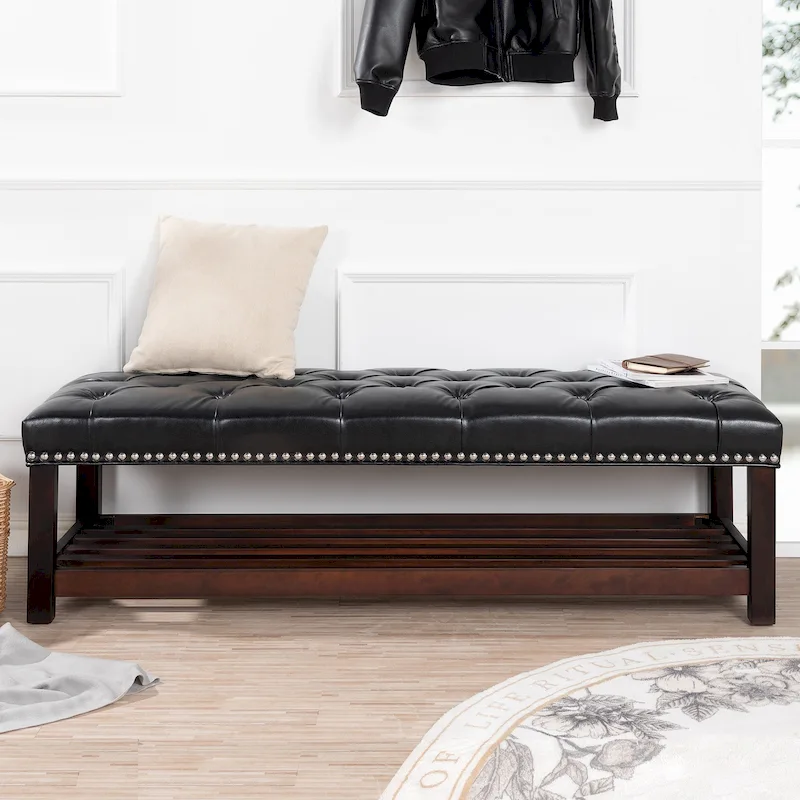 Christopher Knight Home - Florian Tufted Upholstered End of Bed Bench with Nailhead Trim and Shelf