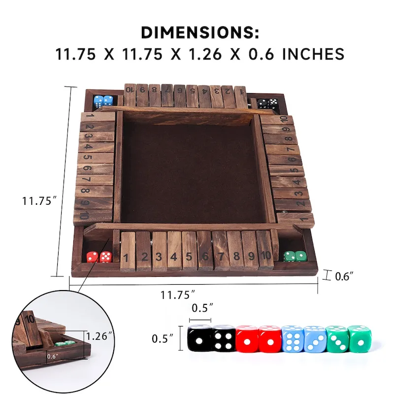 GSE 4-Player 10 Number Wooden Shut The Box Dice Game Set for Family Game Night, Dice Table Games, Bar Games