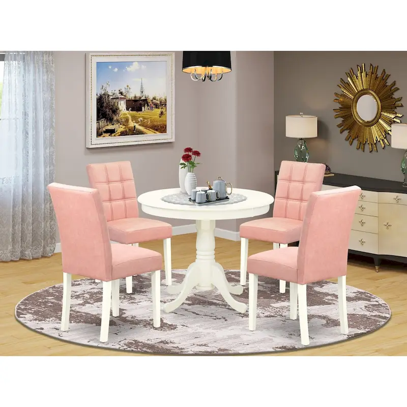 East West Furniture Kitchen Set Includes a Round Kitchen Table and Chairs, Linen White (Pieces Options)