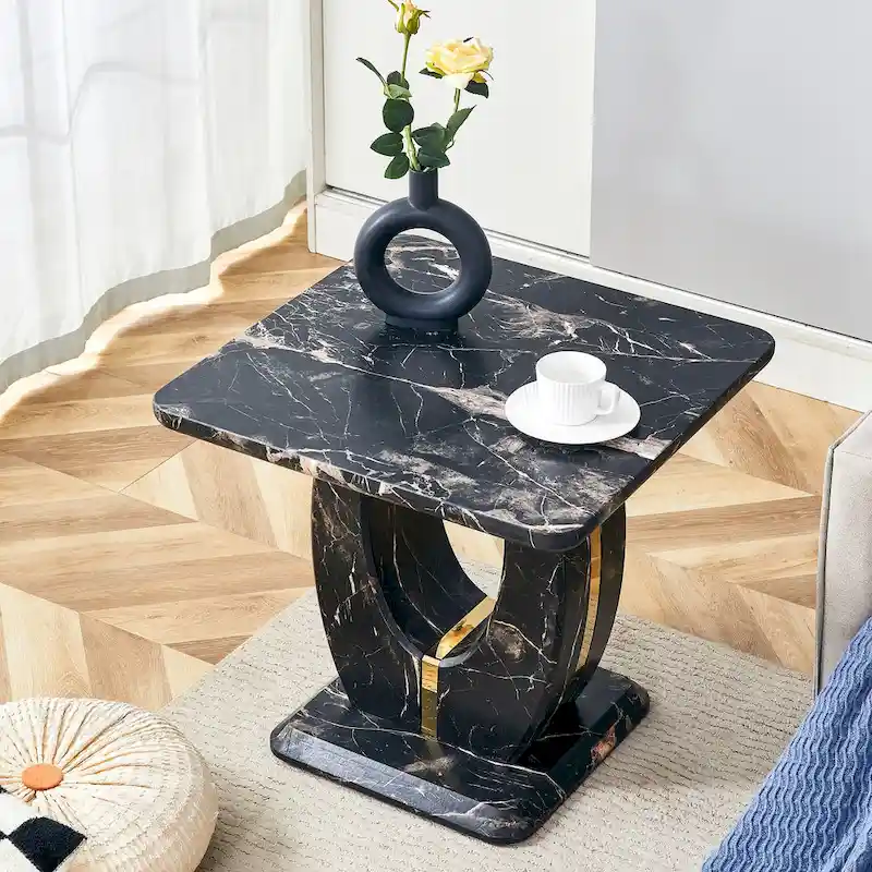 23.6 Modern Square Coffee Table with Gold Plated Decorative Strips for Living Room